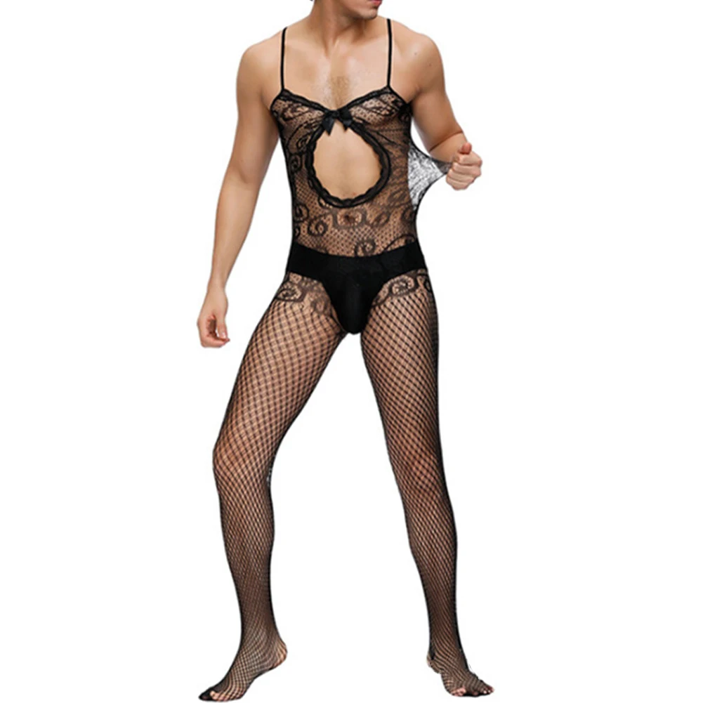 Zdjęcie produktu z kategorii odzieży erotycznej dla mężczyzn - Men Sissy Jumpsuit Fishnet Lace